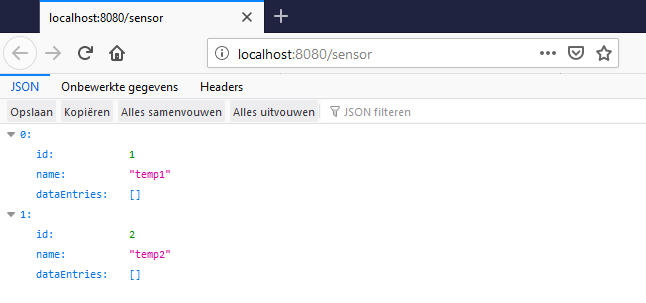 JSON data of the sensors in the browser