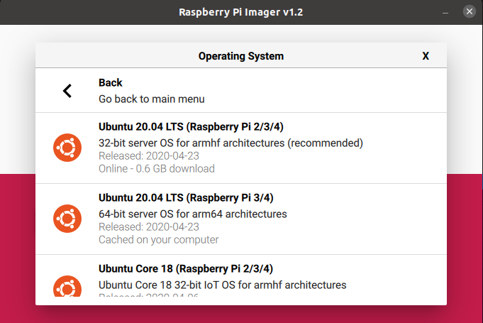 Selecting Ubuntu in the Raspberry Pi Imager tool