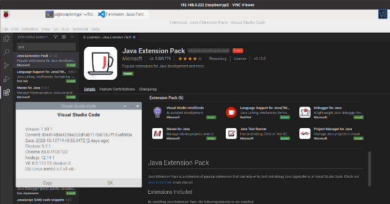 Visual Studio Code 1.50.1 running on 64-bit Raspberry Pi OS