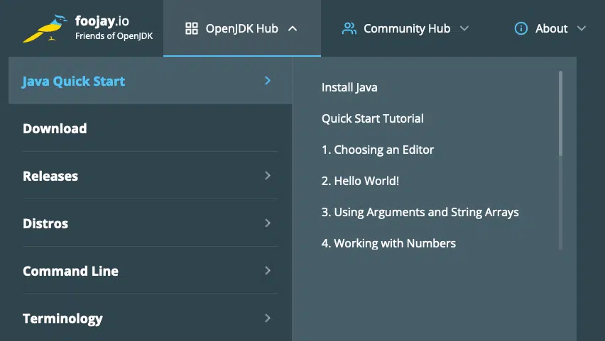 Screenshot of the Java Quick Start menu on Foojay.io