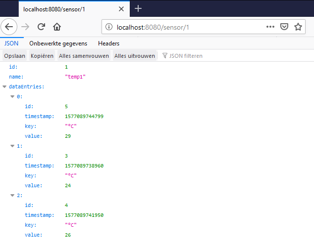 JSON data of the sensors in the browser