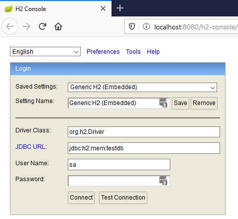 Login for H2 console