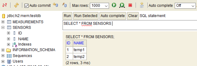 Sensors table in H2 console