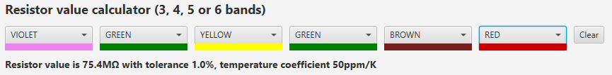 Resistor value from 6 colours calculated with a JavaFX application
