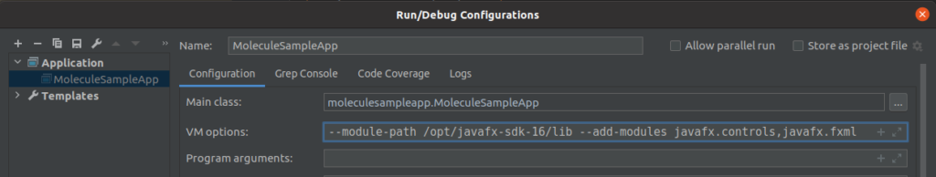 Defining the VM options to run your application