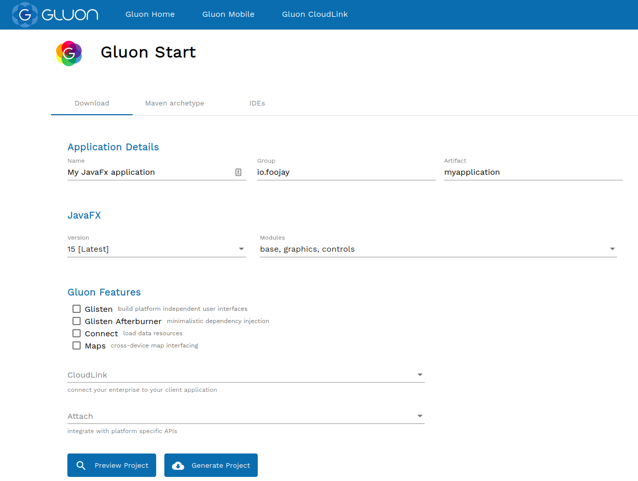 Minimal selections for a JavaFX application on start.gluon.io