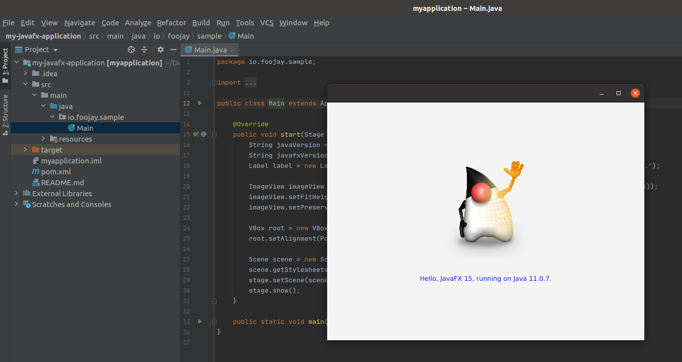 The created application running in IntelliJ IDEA